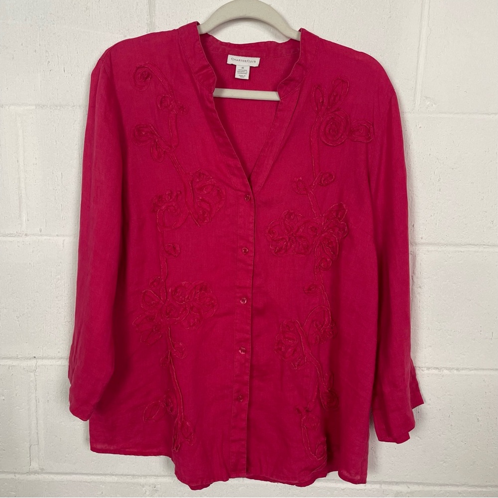 Charter Club 100% Linen‎ Button Up Top V-Neck Floral Fuchsia Preppy Vacation 16